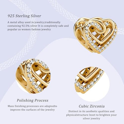 14K Gold Plated Silver Charms for Pandora, Women Heart Family Love Pet Animal Bead Dangle for Bracelets Necklace Jewelry Gift - color: B-Golden- Twisted Heart