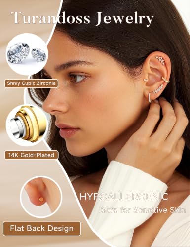 10 Pairs Hypoallergenic Cartilage Flatback Stud Earring for Women | 14K Gold Plated Flatback Stud Hoop Earring Sets for Helix Tragus Conch Piercing Jewelry Earring for Women Trendy - color: 14K Gold Plated