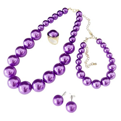 xuzhiyuan Statement Pearl Jewelry Set for Women - Includes Necklace, Bracelet, Earrings, and Ring | Colorful Faux Pearl Fashion Jewelry Set for Party, Wedding, Daily Wear - color: Purple
