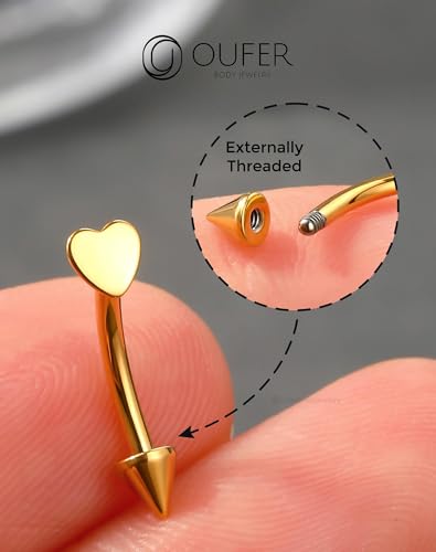 OUFER Rook Piercing Jewelry, G23 Solid Titanium Eyebrow Rings, Heart Vertical Labret Lip Jewelry, 16G Curved Barbells, Daith Rook Earrings for Women Men - color: Gold Heart, size: 16G 8mm