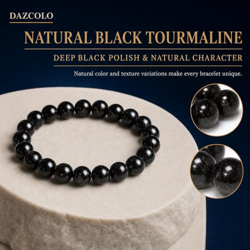 8mm Natural Crystal Stretch Bracelet | Handmade Round Stone Bead Bracelet, Runs Large, Meditation Yoga Gift for Women & Men - color: Black Tourmaline