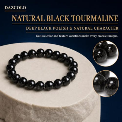 8mm Natural Crystal Stretch Bracelet | Handmade Round Stone Bead Bracelet, Runs Large, Meditation Yoga Gift for Women & Men - color: Black Tourmaline