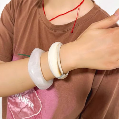 2PCS Chunky Acrylic Bracelet for Women Large Square Resin Cuff Vintage Open Bangle Bracelets Wide Geometric Jewelry - style: White+White