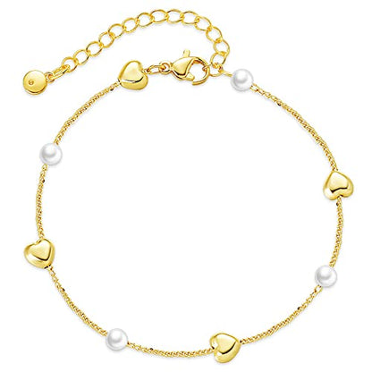 Dainty Gold Bracelets for Women, 18 Gold Plated Adjustable Evil Eye/Butterfly/Beaded/Pearl/Heart/Turquoise Handmade Bracelet for Women - style: Pearl and Heart