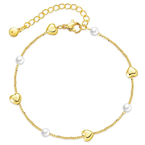 Dainty Gold Bracelets for Women, 18 Gold Plated Adjustable Evil Eye/Butterfly/Beaded/Pearl/Heart/Turquoise Handmade Bracelet for Women - style: Pearl and Heart