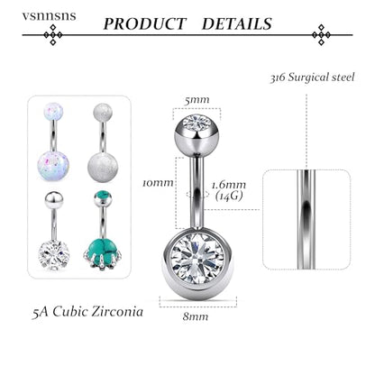 14G Dangle Belly Button Ring Piercing Jewelry 316L Stainless Surgical Steel Heart Flower CZ Reverse Navel Rings Dangling Belly Button Ring Piercing Jewelry for Women 14 Gauge Hypoallergenic - style: 15Pcs Silver