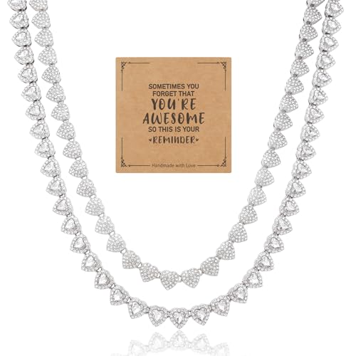 fasone Rhinestone Hearts Necklace, Iced Out Hearts Jewelry，Silver Tennis Necklace For Women，Tennis Necklaces For Women, Heart Tennis Necklace - color: White_17.7/19.7inch_B
