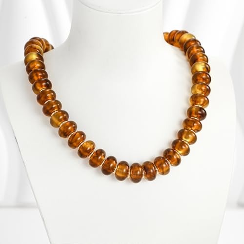 Chunky Beads Necklace for Women Trendy Gold Puffy Heart Choker Necklace Colorful Resin Beaded Heart Pendant Necklaces Statement Jewelry - color: 14MM Disc Bead-Brown