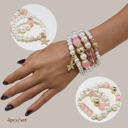 Bohemian Pearl Bracelet Set, 4 Piece Elastic Stretch Beaded Wrist Chain with Starfish Pendant, Boho Faux Pearl Multi-Color Stackable Bracelets for Women - color: Pink