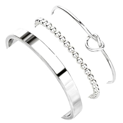 925 Sterling Silver Bracelets for Women Stack, Trendy Tennis Bangle Cuff Jewelry Set 14K Gold Plated, Adjustable Bracelet Set for Wrist Essentials, Women Fashion Watch Band Acecessories - style: Bracelet_3pcs_06(Silver Cuff Set)