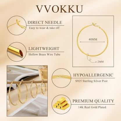 2MM S925 Sterling Silver Hoop Earrings Thin Gold Large Hoop Earring Lightweight Hypoallergenic Big Silver Thin Hoops Earring Gold Hoops Earrings for Women 30/40/50/60 MM - color: 40mm-Gold