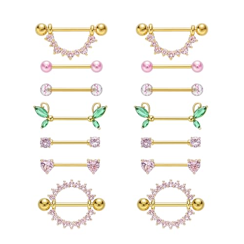 G&O JFU 7 Pairs 14G Nipple Rings Set – Stainless Steel Straight Barbell with CZ Stones, Gold Plated & Silver Tone, Butterfly Back Pink Nipple Piercing Jewelry for Women - color: Gold Plated Pink Nipple Piercing Jewelry