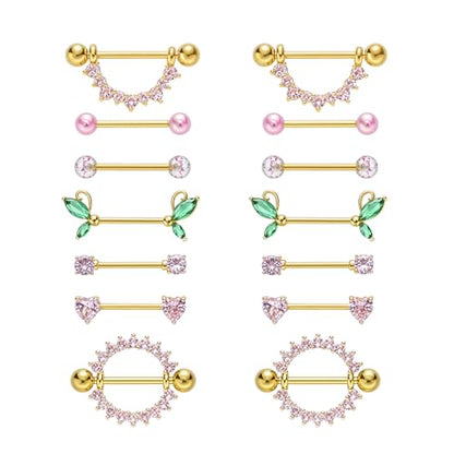 G&O JFU 7 Pairs 14G Nipple Rings Set – Stainless Steel Straight Barbell with CZ Stones, Gold Plated & Silver Tone, Butterfly Back Pink Nipple Piercing Jewelry for Women - color: Gold Plated Pink Nipple Piercing Jewelry