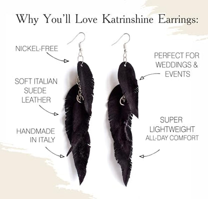Leather Feather Earrings, Suede layered earrings, boho wedding jewelry, summer earrings, gift for her, dangle earrings - color: black