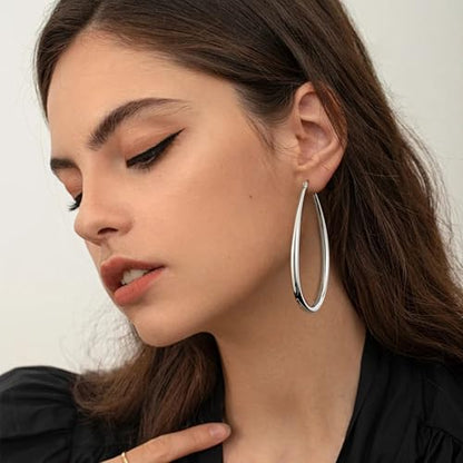 Gacimy Chunky Hoop Earrings for Women, 14K Gold Plated Oval Hoop Earrings with 925 Sterling Silver Post - color: Silver, size: 70mm