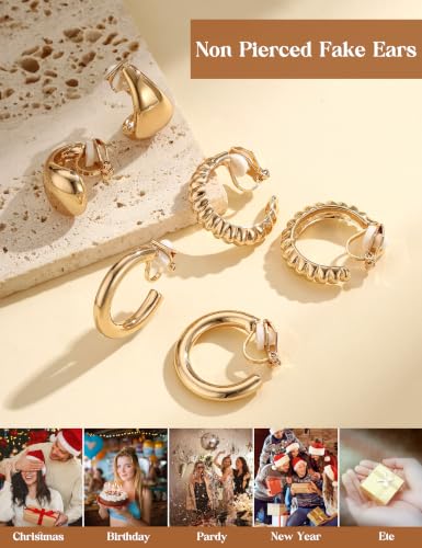 Giovanchi 3Pairs Clip on Earrings for Women with Non-Pierced Ears - Trendy Hypoallergenic 14K Gold Plated Chunky Tube Croissant Waterdrop Clip on Hoop Earrings - style: A-Gold