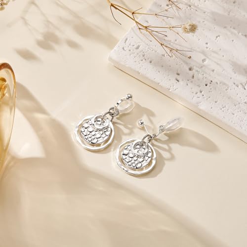 Awinesn Clip on Earrings for Women 14K Gold/Sterling Silver Plated Disc Earrings for Women Circle Drop Dangle Earrings Jewelry Hypoallergenic Hammered Non Pierced Earring Jewelry Gifts Wedding Party - style: Circle-S