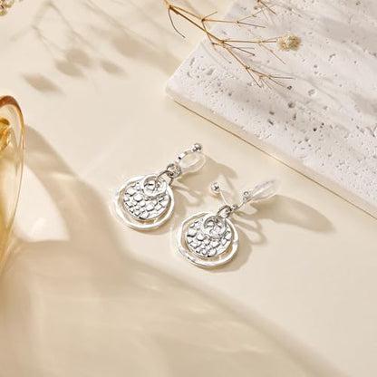 Awinesn Clip on Earrings for Women 14K Gold/Sterling Silver Plated Disc Earrings for Women Circle Drop Dangle Earrings Jewelry Hypoallergenic Hammered Non Pierced Earring Jewelry Gifts Wedding Party - style: Circle-S