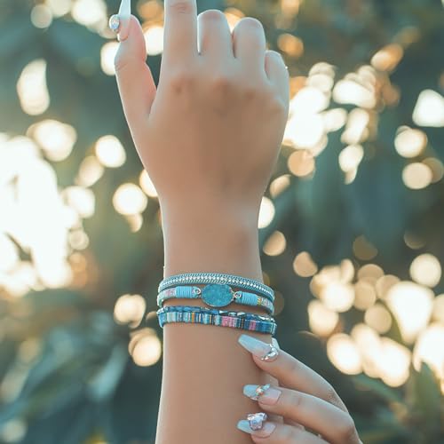 Boho Chunky Leather Wrap Bracelets Stackable Beaded Western Country Jewelry | Crystal Bead Trendy Layered Cuff Magnetic Clasp Stack Bohemian Statement Costume Outfits Cowgirl Fashion Hippie Accessories - color: Boho Blue, size: 7.7"