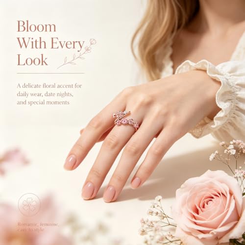 Peach Blossom Ring, Pink Adjustable Flower Open Crystal Rings for Women, Dainty Floral Rings for Vacation, Wedding - color: Blue