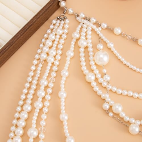 Layered Faux Pearl Necklace for Women Long Multi Strand Statement Necklace Vintage Flapper Beaded Necklace Gatsby Style Jewelry for Party Wedding Outfit