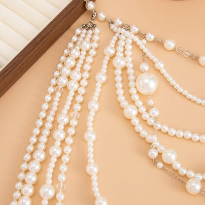 Layered Faux Pearl Necklace for Women Long Multi Strand Statement Necklace Vintage Flapper Beaded Necklace Gatsby Style Jewelry for Party Wedding Outfit
