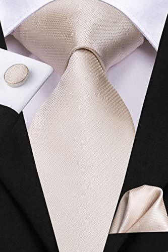 Hi-Tie 5Pcs Mens Solid Color Silk Tie Satin Pretied Bowtie Lapel Pin for Men Handkerchief Cufflink Wedding Gift Box - color: Beige Solid