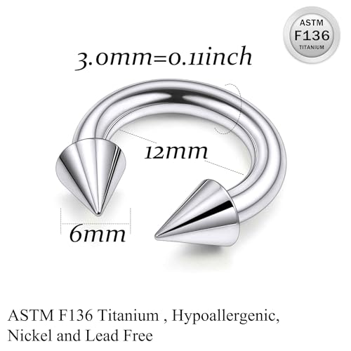 Ruifan 20G 18G 16G 14G 12G 8G 6G 4G 2G Horseshoe Nose Ring Titanium Septum Rings Piercing Jewelry Internally Threaded Gauges Cartilage Conch Helix Rook Lip Tragus Earring Hoop Eyebrow For Women Men - size: Spike: 8G - 12MM