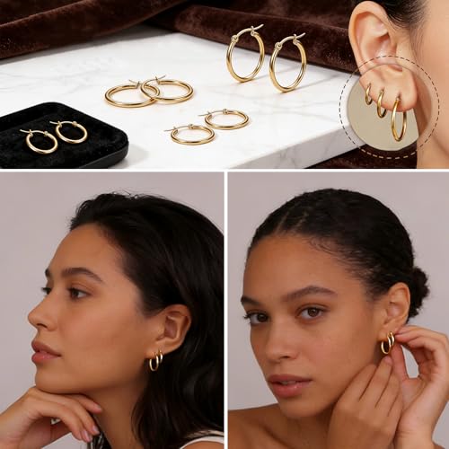 4 Pairs Gold Silver Small Hoop Earrings Huggie for Women Surgical Steel Set | 10/12/14/16 mm, Hypoallergenic, Lightweight Hoop Earrings Set, 14K Gold Silver 316L Stainless Steel, Multiple Piercings - color: Gold/4 Pairs