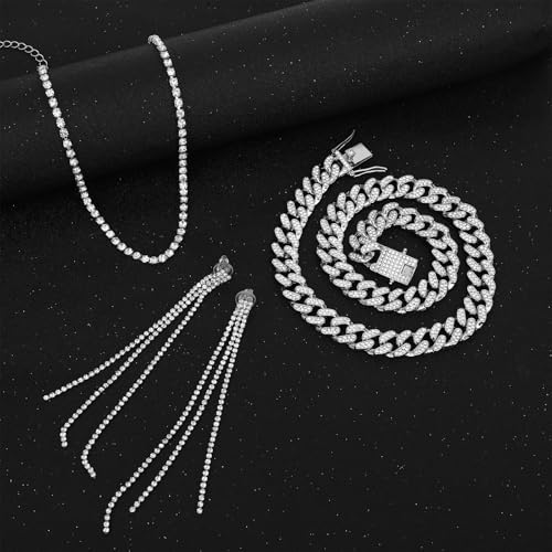 NEWITIN 13 Pieces Silver Jewelry Set for Women Stainless Steel Cuban Link Necklaces Bracelets Earrings Watch Ring Bling Cubic Zirconia Cuban Jewelry Set for Women Men - color: Silver Jewelry Set