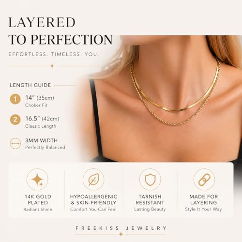 Freekiss Layered Necklace Set for Women Stackable | Herringbone Snake Cuban Rope Chain, Dainty Choker, Layered Stackable, Non Tarnish, Hypoallergenic, Adjustable 14-18.5" - color: Gold, style: Layer 3mm Snake+Rope Chain