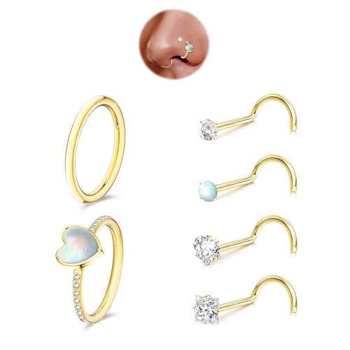 davka Nose Ring Set, 18G Hinged Hoop 8mm & 20G Nose Studs, Stainless Steel & Gold Plated, Hypoallergenic, Multiple Styles Nose Piercing Jewelry - color: Gold/Heart-shaped Opal/18g 8mm hoops/Corkscrew studs