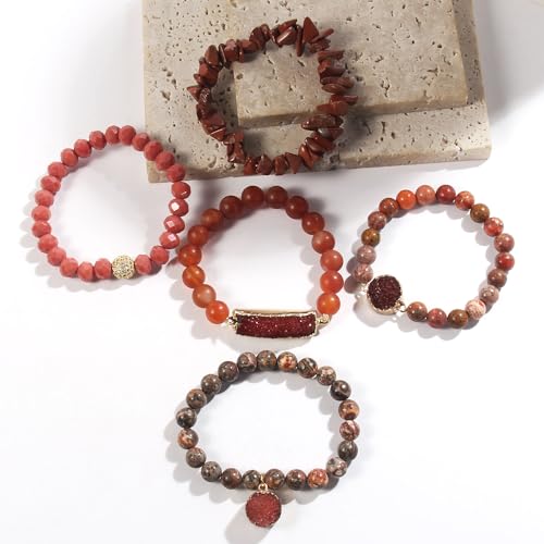 Yomisa 5PCS 6PCS Natural Boho Beaded Bracelets/Bangle for Women Men,Healing Turquoise Jasper Agate Crystal Gemstone Stone Chakra Multilayer Wrap Bohemian Handmade Jewelry Beads Stretch Bracelet Set - color: 5PCS-Red