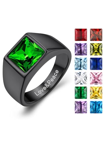KeyStyle Square Gemstone Signet Rings for Men, Personalized Stainless Steel Pinky Ring with Black Onxy Blue Topaz Birthstone Statement Ring - color: Black - Custom Stone - 8mm