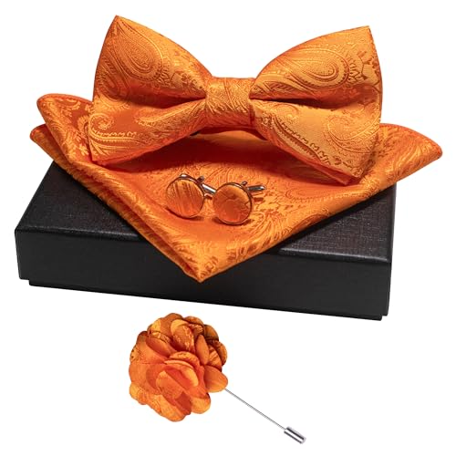 JEMYGINS Mens Paisley Bow Tie and Lapel Pin Necktie Pocket Square and Tie Clip with Sets for Business Casual 4PCS - color: Orange