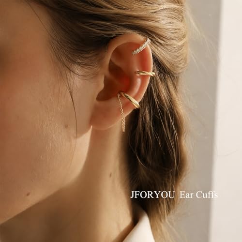 JFORYOU Stainless Steel Ear Cuff Fake Helix Cartilage Clip On Wrap Earrings Fake Lip Ring Non-Piercing Adjustable Men Women - color: Style G-Gold