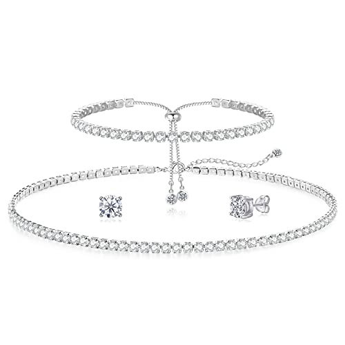 Zeffy Diamond Necklaces for Women, Dainty Gold Necklace 18k Gold Plated Layered Necklaces Simple Gold CZ Diamond Pendant Necklaces for Women Trendy Jewelry Gifts for Girls - color: Silver Jewelry Set