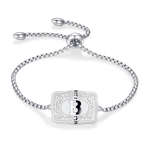 Belt Buckle Initial Bracelet for Women, 18K Gold/Silver Plated Belt Buckle Initial A-Z Bracelet, Unique Western Style Jewelry Gifts for Women Men - style: B