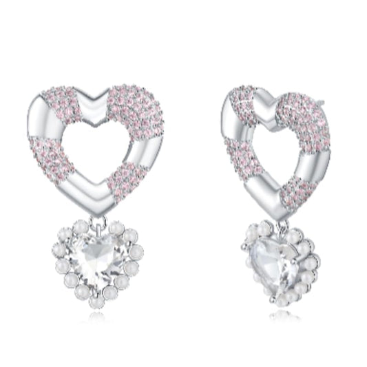 18K Gold Plated & Silver Chunky Heart & Bow Earrings for Women, Chunky Heart Dangle Hoops/Tiny Studs, Kawaii Dainty Hypoallergenic Jewelry for Multiple Piercings, Gift for Her - style: CZ Heart