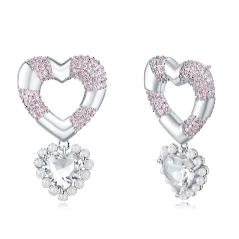 18K Gold Plated & Silver Chunky Heart & Bow Earrings for Women, Chunky Heart Dangle Hoops/Tiny Studs, Kawaii Dainty Hypoallergenic Jewelry for Multiple Piercings, Gift for Her - style: Pearl Heart