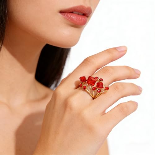 Big Geometric Cube Crystal Ring for Women Statement Geometry Rhinestone Open Rings Crystal Rhinestone Cocktail Ring CZ Fashion Classic Party Wedding Jewelry - color: Red