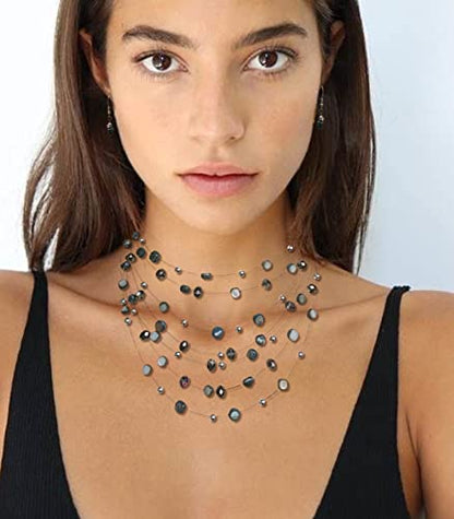 Multi-Layer Boho Shell Beaded Necklace for Women Colorful Crystal Strand with Silver Beads Statement Collars Necklace and Earrings Costumes Jewelry Sets for Women - color: Black