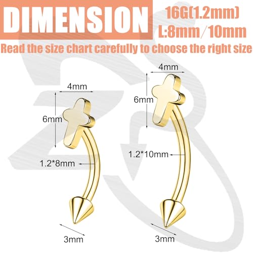 ZS 2 Pairs Stainless Steel Eyebrow Rings, 16G Curved Belly Rings Navel Barbell Helix Daith Tragus Earrings, 8/10mm Spike Vertical Labret Lip Piercing Jewelry - color: Gold,Cross-L:8/10mm