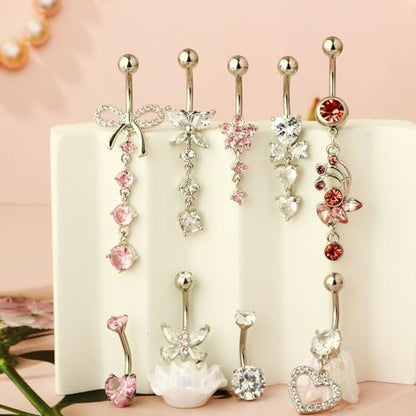 Suotarn 14G Belly Button ring Dangle Belly Rings Surgical Stainless Steel Cute Bow Butterfly Heart Flower Dangling Belly Button Piercing Jewelry For Women Silver Dainty Dangly Navel Ring - color: mix color