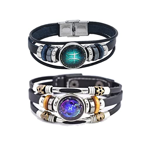 2Pcs Multilayer Constellation Zodiac Leather Bracelet Handmade Woven Zodiac Sign Wrap Bracelet Wristband for Women Men Jewelry Birthday Gift - color: C:Pisces(2/19 - 3/20)