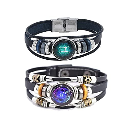 2Pcs Multilayer Constellation Zodiac Leather Bracelet Handmade Woven Zodiac Sign Wrap Bracelet Wristband for Women Men Jewelry Birthday Gift - color: C:Pisces(2/19 - 3/20)