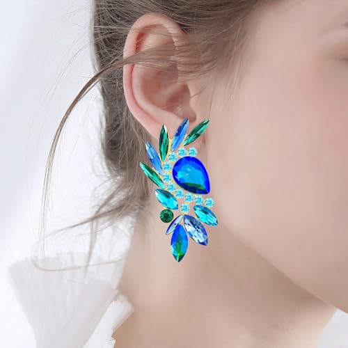 Bohemian Dainty Sparkly Crystal Teardrop Flower Dangle Drop Earrings Unique Lightweight Glitter Rhinestone Geometry Floral Stud Earrings For Women - style: Blue