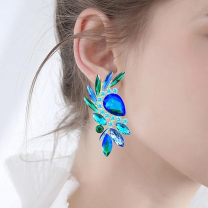 Bohemian Dainty Sparkly Crystal Teardrop Flower Dangle Drop Earrings Unique Lightweight Glitter Rhinestone Geometry Floral Stud Earrings For Women - style: Blue