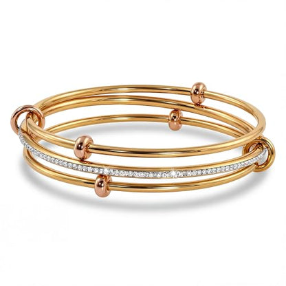 mixed metal Tri-Tone Bangles Bracelet for Women, 3/5 Pcs Stainless Steel Gold Plated Stackable Bracelet Set, Stylish Jewelry Gift - color: Gold zirconium+gold+gold, size: 72