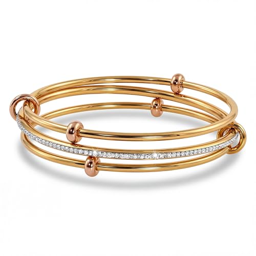 mixed metal Tri-Tone Bangles Bracelet for Women, 3/5 Pcs Stainless Steel Gold Plated Stackable Bracelet Set, Stylish Jewelry Gift - color: Gold zirconium+gold+gold, size: 75